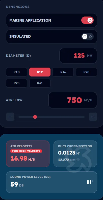 DUCTo Air Velocity screen: a 125 mm duct at 750 m³/h gives 16.98 m/s with a very high velocity warning, cross-section and sound power level